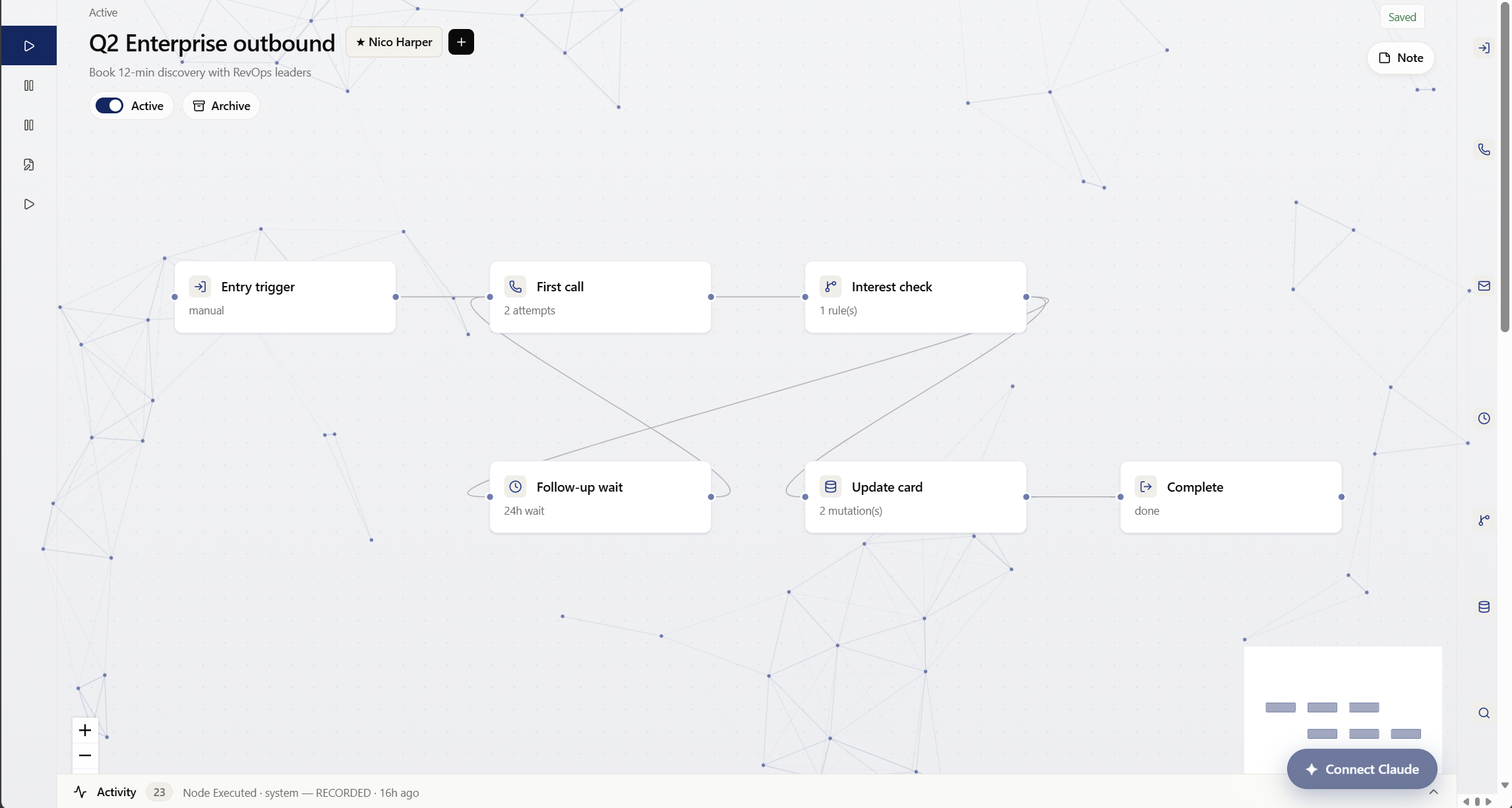 The Setter Labs campaign builder: a branching flow from entry trigger to first call, interest check, follow-up, and booking